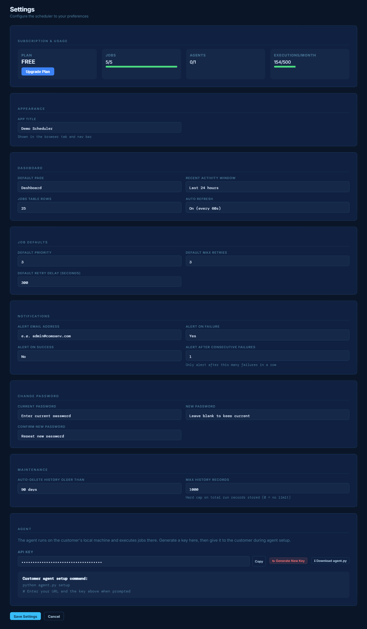 Settings - Agent section