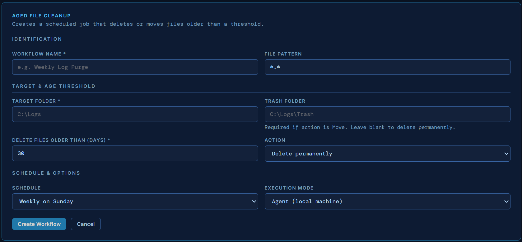 Aged File Cleanup configuration form