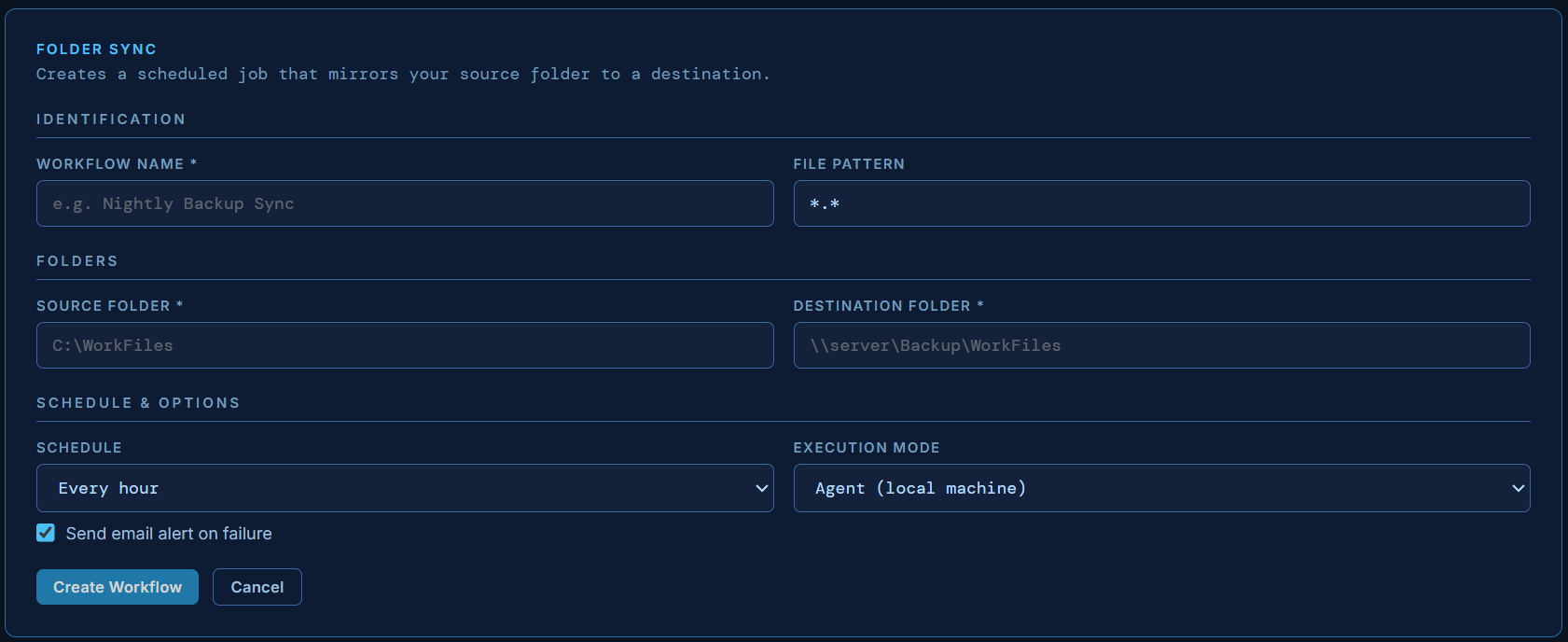 Folder Sync configuration form