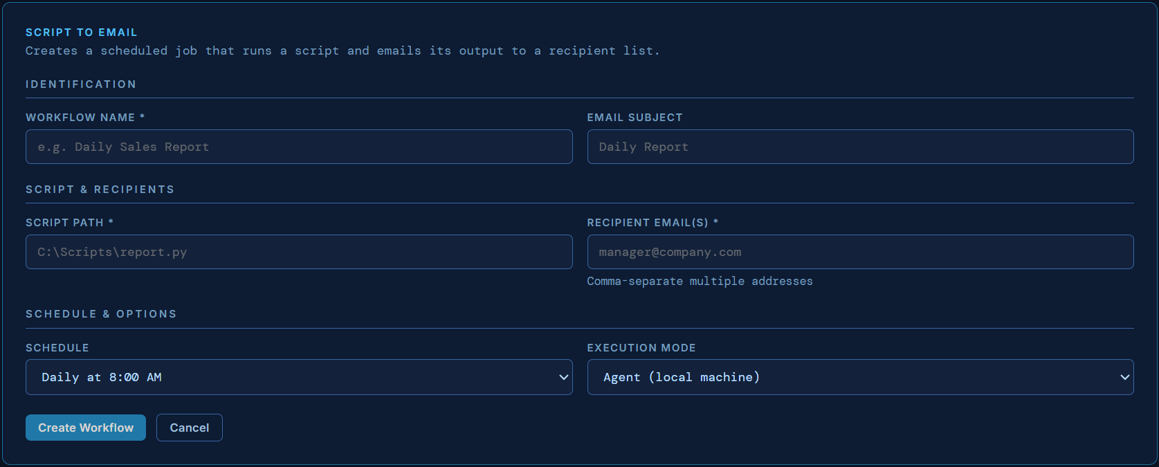 Script to Email configuration form