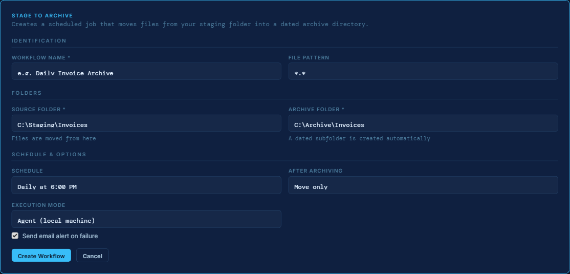 Stage to Archive configuration form