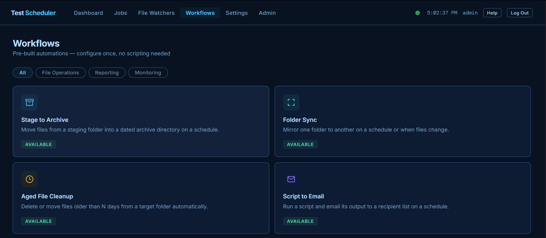 Suretek Scheduler Workflows page showing pre-built automation templates